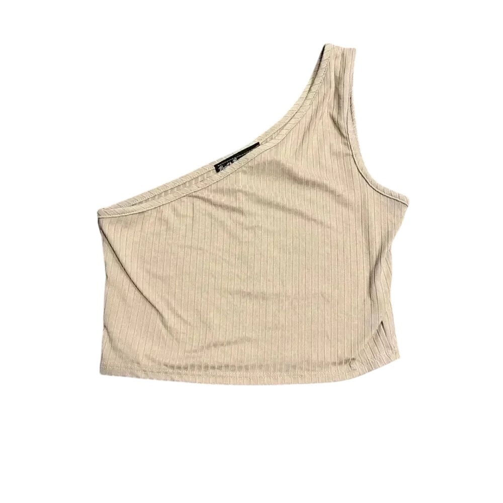 Brit & Bri Tan Ribbed One Shoulder Crop Top Beige Rib Knit Sleeveless Shirt